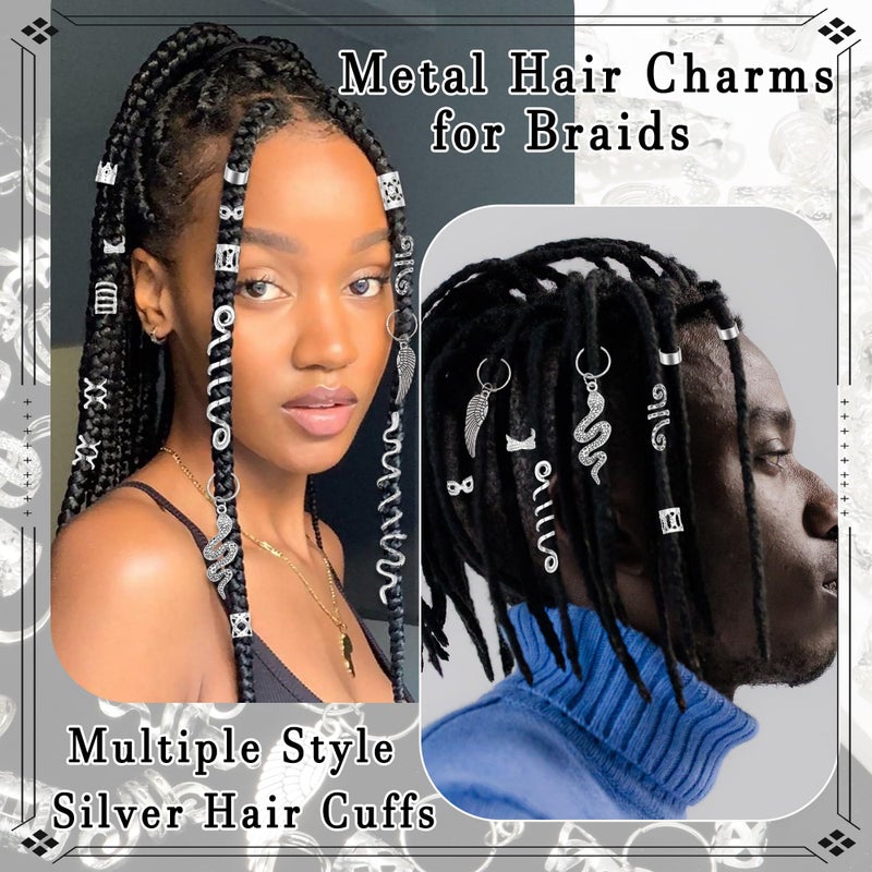 VENOFEN 122PCS Silver Hair Jewelry Snake Loc Charms Braids Clips Multi Style Hair Cuffs Rings Metal Dreadlock Beads Accessories Decoration for Women and Men - Image 3